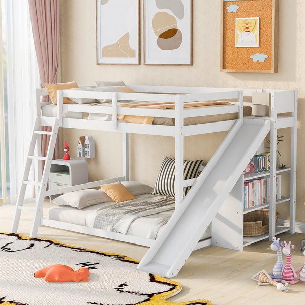 Full over Full Low Bunk Bed with Ladder, Slide and Shelves - White image