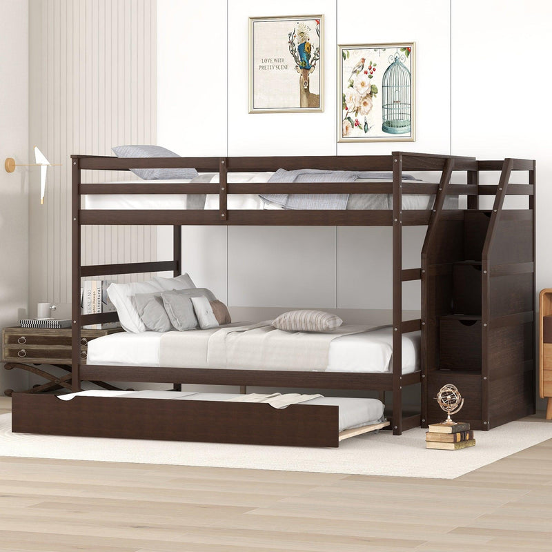 Full over Full Bunk Bed withStorage Staircase and Twin Size Trundle Bed - Espresso image