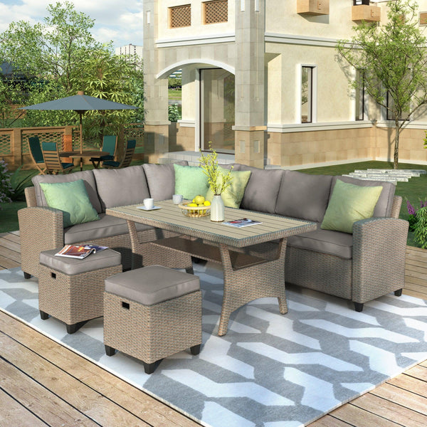 5 PCS Outdoor Rattan Furniture Set, Dining Table with Sofas, Ottoman, Beige Cushions and Throw Pillows image