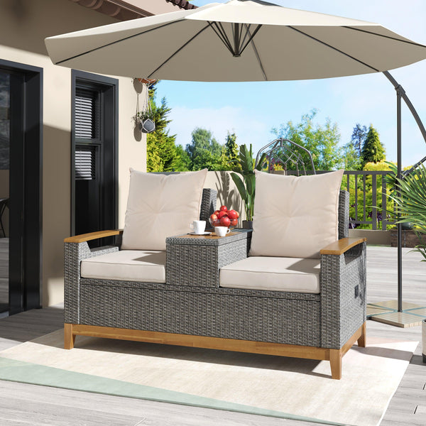 Outdoor Adjustable Rattan Loveseat withStorage Armrest with Beige Cushions image