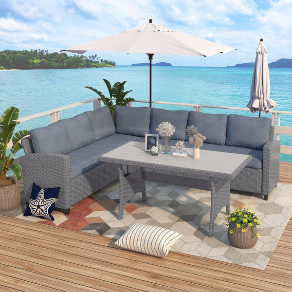 Outdoor Patio Furniture PE Rattan Wicker  Sectional Sofa Set with Table and Gray Cushions image