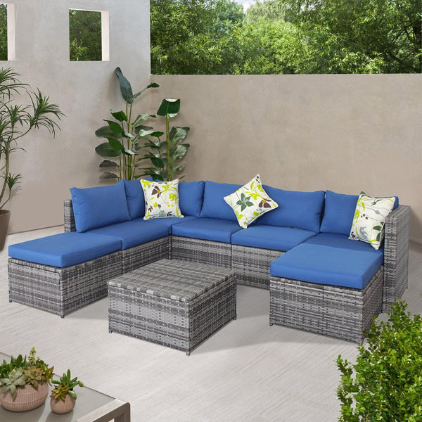 Outdoor Sectional Wicker Rattan Sofa Set with Blue Cushions image