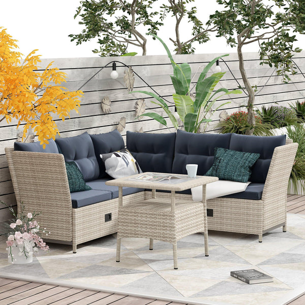 4 PCS Outdoor Patio All Weather PE Wicker Rattan Lsectional - Beige Rattan and Gray Cushions image