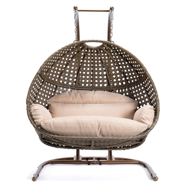 Brown Rattan Wicker Hanging Double-Seat Swing Chair with Stand and Beige Cushion image