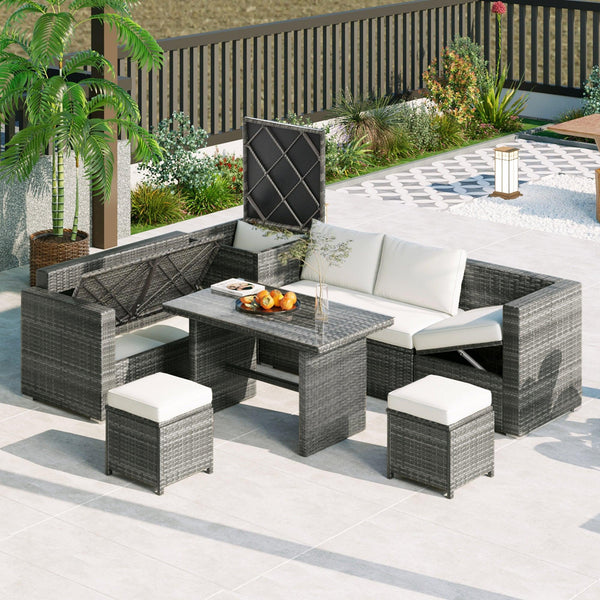 6 PCS Outdoor All Weather PE Rattan Sofa Set  with Adjustable Seat,Storage Box, Tempered Glass Top Table, and Beige Cushions image