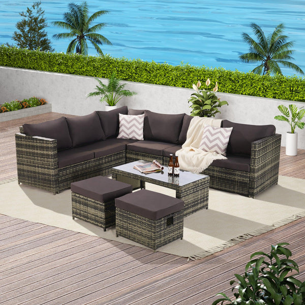 7PCS Outdoor Garden Rattan Seating Furniture Set with Dark Gray Cushions image