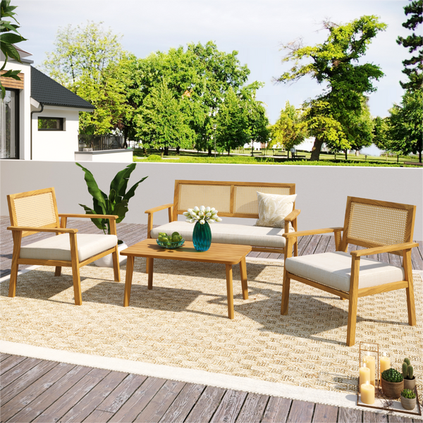4 PCS Outdoor Living Space Acacia Wood Furniture Set with Mesh Design and Beige Cushions image