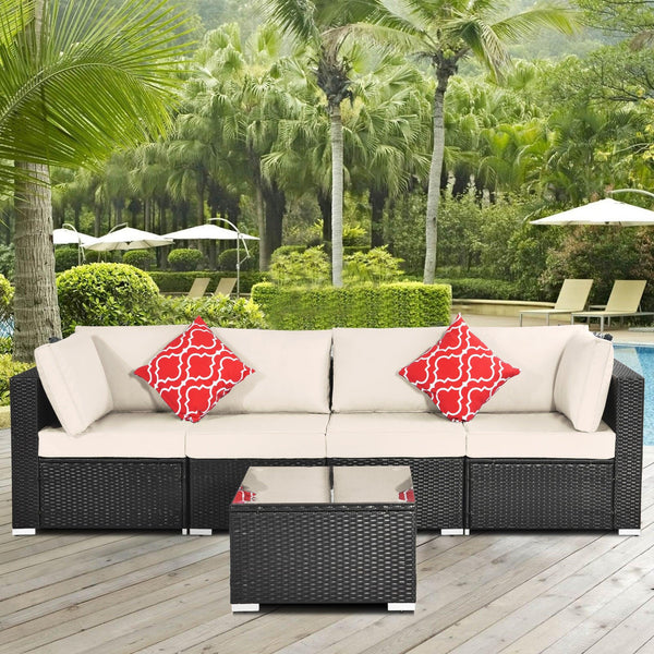 5 PCS Outdoor Garden Patio PE Rattan Wicker Cushioned Sofa Sets with 2 Pillows and Coffee Table image