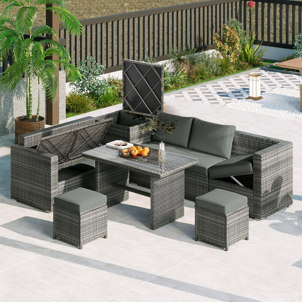 6 PCS Outdoor All Weather PE Rattan Sofa Set  with Adjustable Seat,Storage Box, Tempered Glass Top Table, and Gray Cushions image