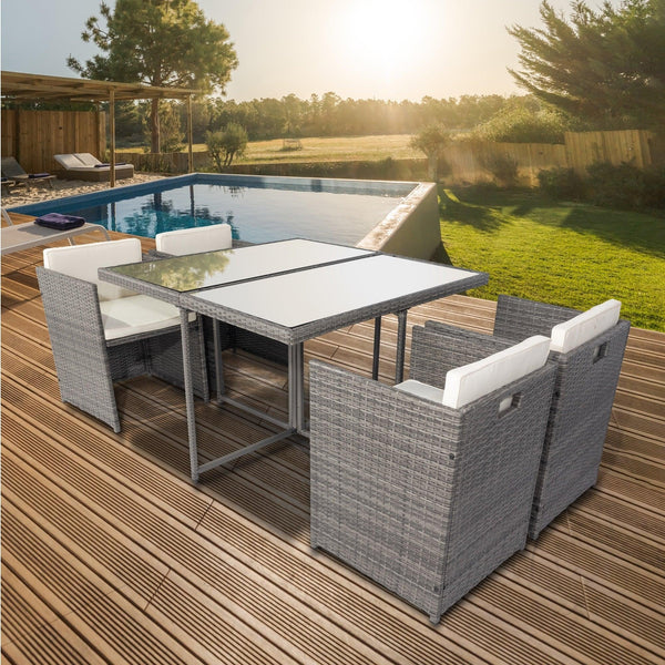 5 PCS Outdoor Patio Rattan Dining Sets with Glass Table and Cushioned Seating image