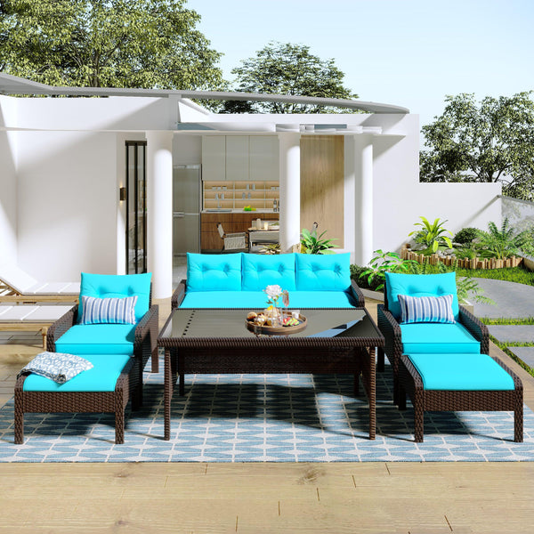 6 PCS Outdoor Patio PE Wicker Rattan Sofa Set Dining Table Set with and Tempered Glass Tea Table and Blue Cushions image