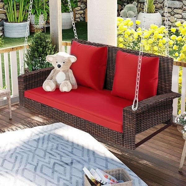 2-Person Brown Wicker Hanging Porch Swing with Chains, Red Cushions and Pillows image
