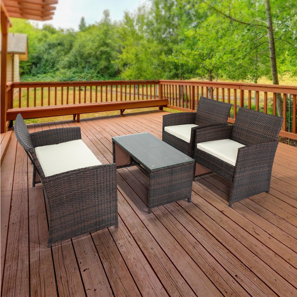 4 PCS Outdoor Rattan Sofas with Table Set, Soft Cushions and Tempered Glass Coffee Table image
