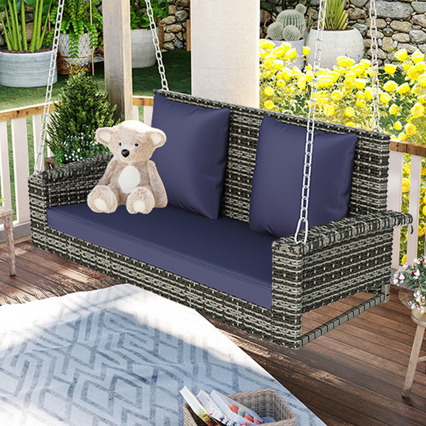 2-Person Gray Wicker Hanging Porch Swing with Chains, Blue Cushions and Pillows image
