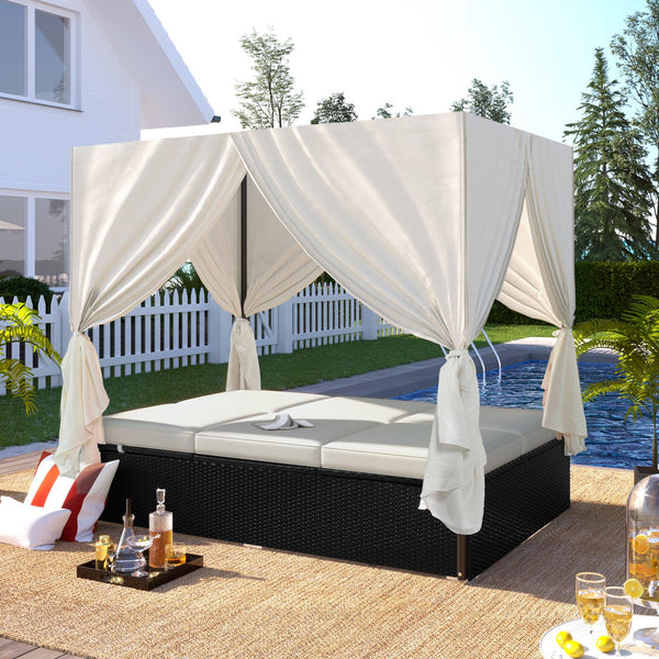 Outdoor Patio Wicker Sunbed Daybed with Cushions and Adjustable Seats - Beige Cushions image