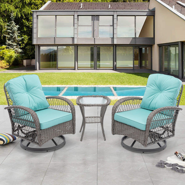 3 PCS Outdoor PatioModern Wicker Set with Table, Swivel Base Chairs and Blue Cushions image