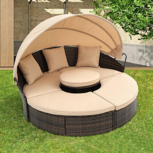 Wicker Rattan Round Lounge With Canopy, Lifted Coffee Table and Beige Cushions image