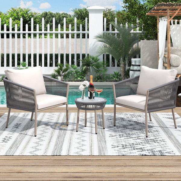 2PCS Luxury Rattan Outdoor Seating Set Including 2 Armchairs and Coffee Table with Beige Cushions and Gray Rattan image