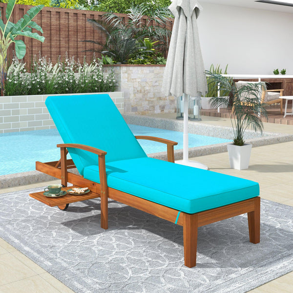 78.8" Outdoor Patio Solid Wood Chaise Lounge Reclining Daybed with Blue Cushion, Wheels and Sliding Cup Table image