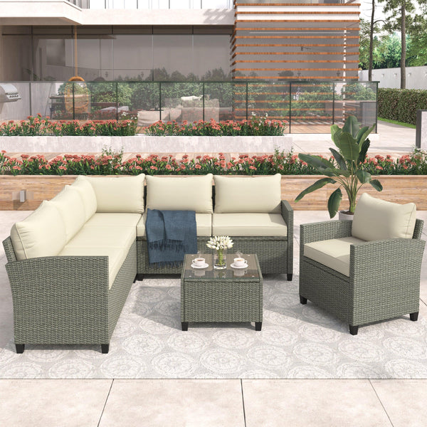 5 PCS Outdoor Patio Sectional Sofa Set with Coffee Table, Beige Cushions and Single Chair image