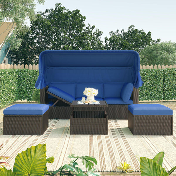 Outdoor Patio Wicker Rattan Rectangle Daybed and Adjustable Canopy with Lifted Table, Ottoman and Blue Cushion image