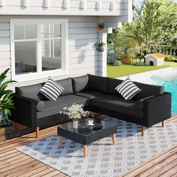4 PCS Outdoor Patio Wicker Sectional L-shaped Sofa Set with Gray Cushions and Black Rattan image