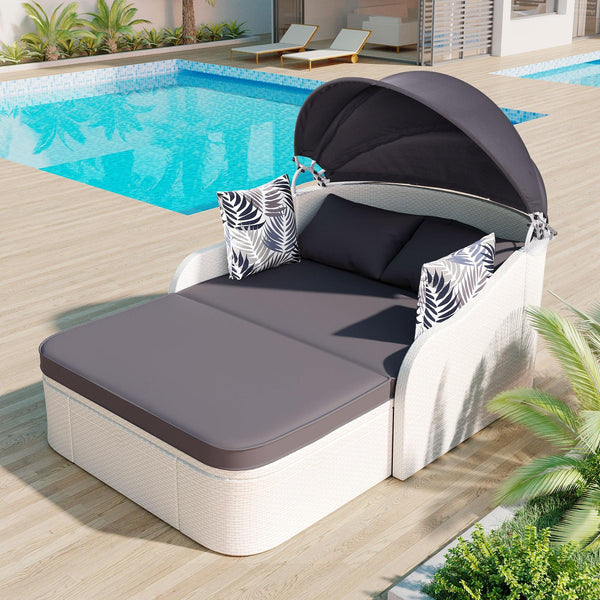 79.9" Outdoor Double Lounge Sunbed with Adjustable Canopy, White Wicker And Gray Cushion image