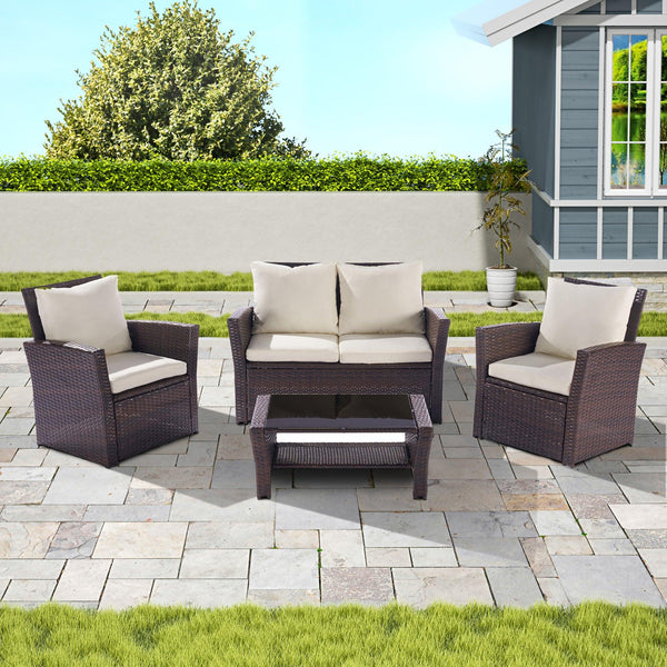 4 PCS Outdoor Patio Garden Rattan Furniture Set with Tempered Glass Coffee and Beige Cushion image
