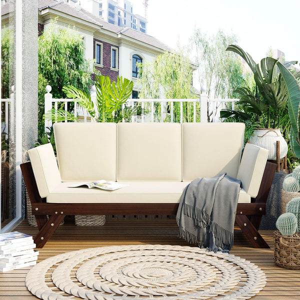 Outdoor Adjustable Patio Wooden Daybed Sofa Chaise Lounge with Cushions for Small Places, Brown FinishandBeige Cushion image