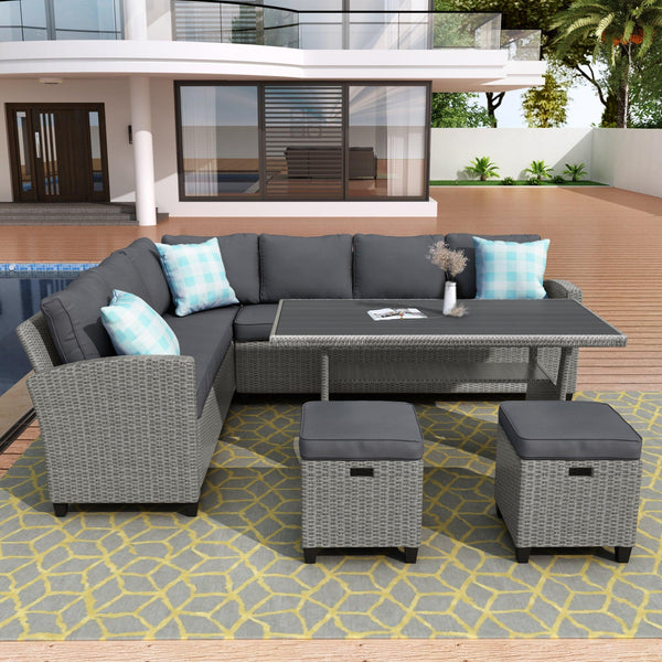 5 PCS Outdoor Rattan Furniture Set, Dining Table with Sofas, Ottoman, Gray Cushions and Throw Pillows image