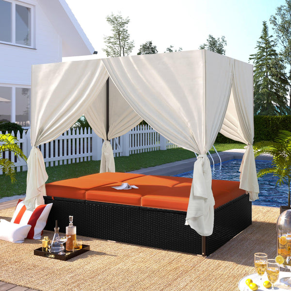 Outdoor Patio Wicker Sunbed Daybed with Cushions and Adjustable Seats - Orange Cushions image