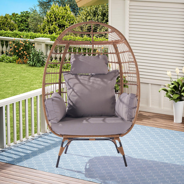 Wicker Egg Chair, Oversized Indoor Outdoor Lounger for Patio, Backyard, Living Room w/ 5 Cushions, Steel Frame, 440lb Capacity - Light Grey image