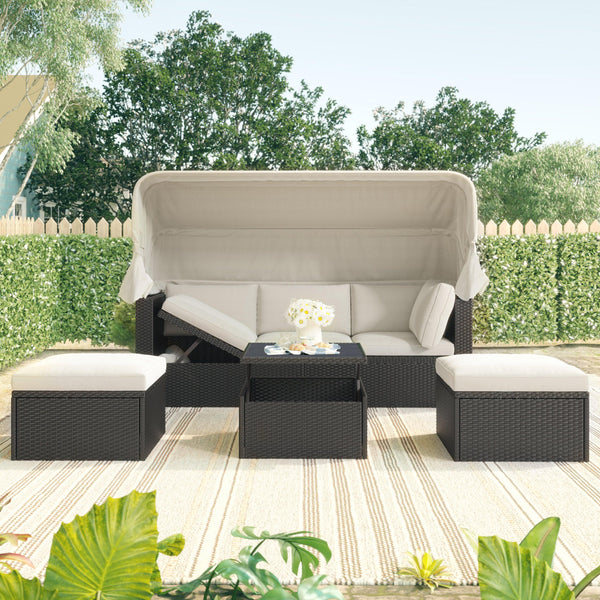 Outdoor Patio Wicker Rattan Rectangle Daybed and Adjustable Canopy with Lifted Table, Ottoman and Beige Cushion image