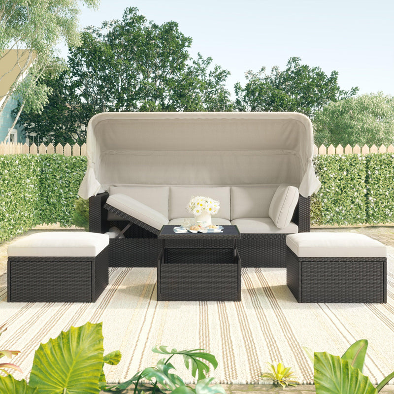 Outdoor Patio Wicker Rattan Rectangle Daybed and Adjustable Canopy with Lifted Table, Ottoman and Beige Cushion image