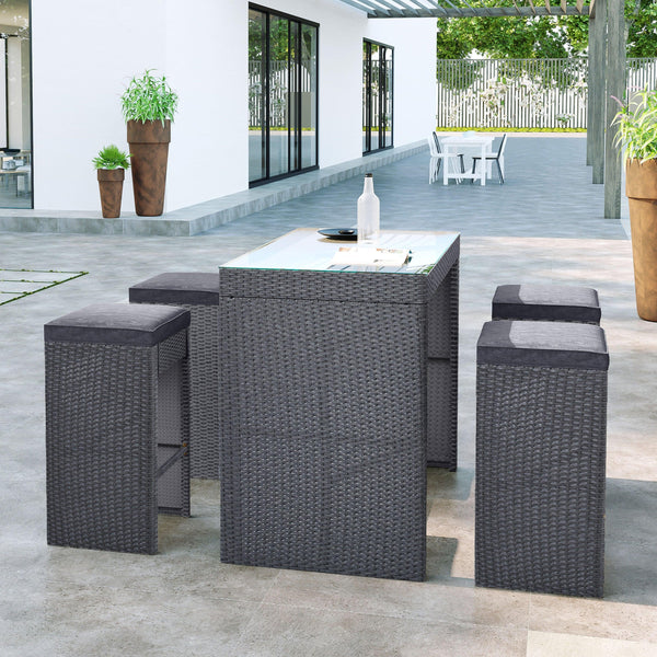 5 PCS Rattan Outdoor Patio Furniture Set Bar Dining Table Set with 4 Stools, Gray CushionandGray Wicker image