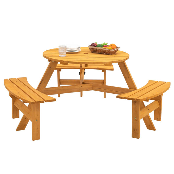 6-Person Circular Outdoor Wooden Picnic Table with 3 Built-in Benches - Natural image