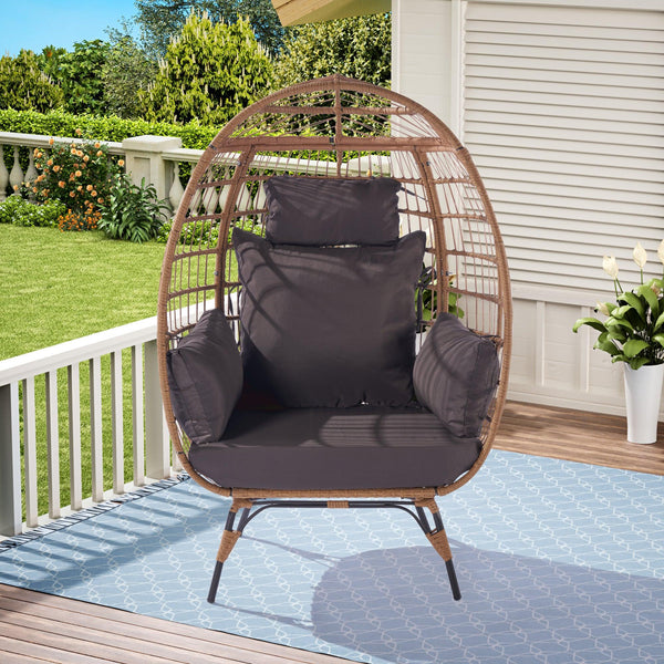 Wicker Egg Chair, Oversized Indoor Outdoor Lounger for Patio, Backyard, Living Room w/ 5 Cushions, Steel Frame, 440lb Capacity - Dark Grey image