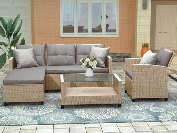 Outdoor, Patio Furniture Sets, 4 PCS Conversation Set Wicker Ratten Sectional Sofa with Seat Cushions(Beige Brown) image