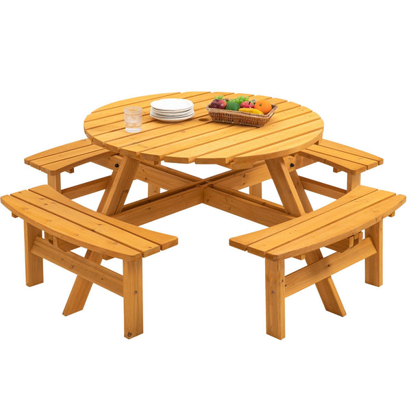 6-Person Circular Outdoor Wooden Picnic Table with 4 Built-in Benches - Natural image