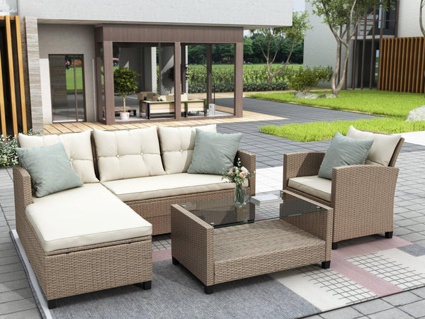 Outdoor, Patio Furniture Sets, 4 PCS Conversation Set Wicker Ratten Sectional Sofa with Seat Cushions(Beige Brown) image