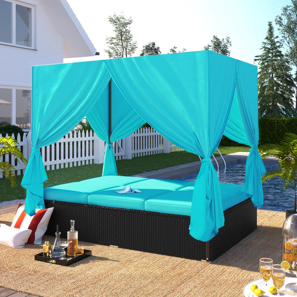 Outdoor Patio Wicker Sunbed Daybed with Cushions and Adjustable Seats - Blue Cushions image