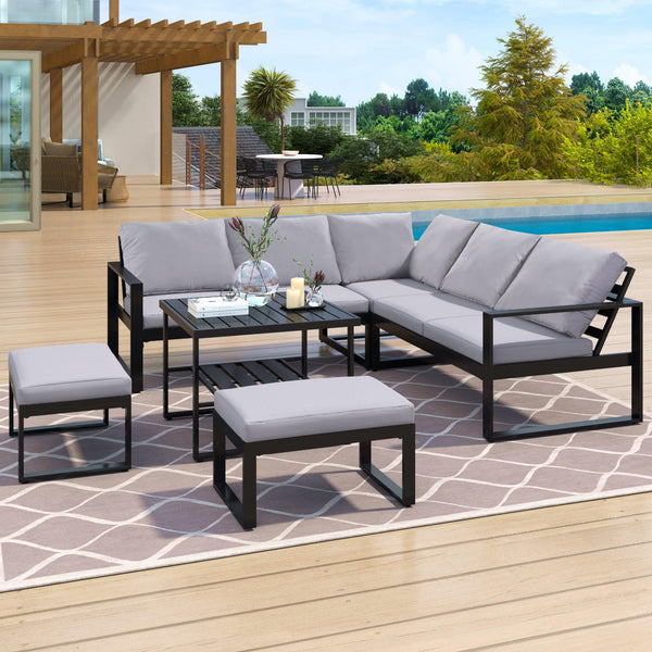 Industrial Style Outdoor Sofa Combination Set With 2 Love Sofa,1 Single Sofa,1 Table,2 Bench image