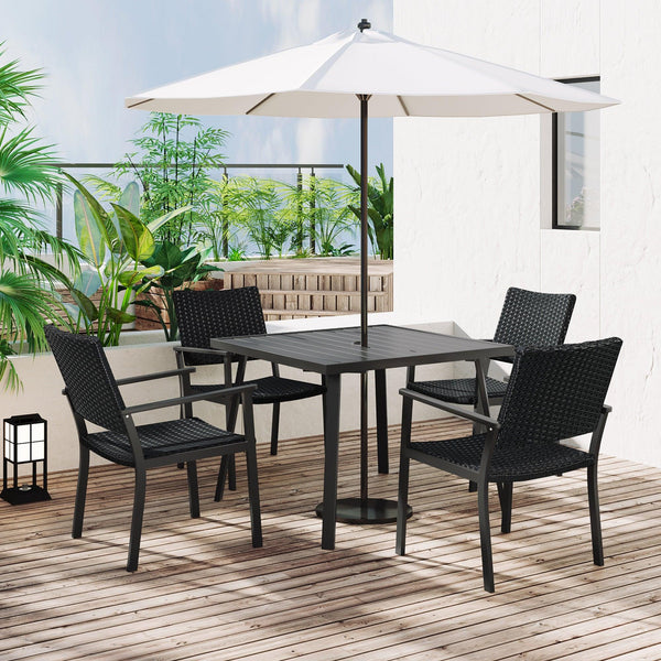 Outdoor Patio PE Wicker 5 PCS Dining Table Set with Umbrella Hole and 4 Dining Chairs for Garden, Deck,Black FrameandBlack Rattan image