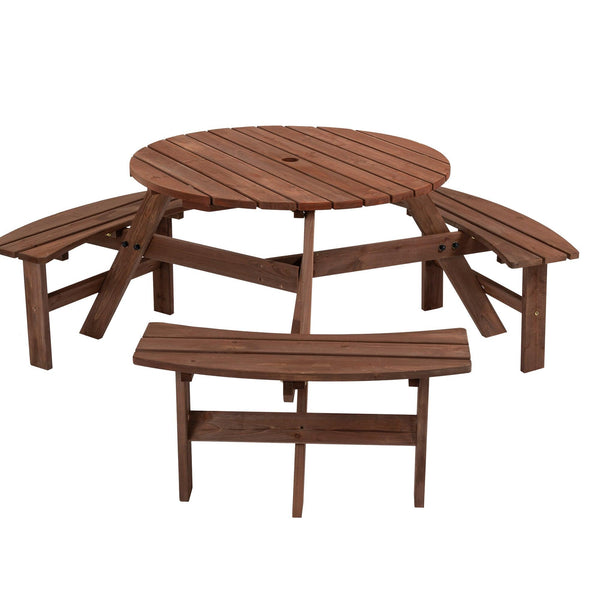 6-Person Circular Outdoor Wooden Picnic Table with 3 Built-in Benches - Brown image