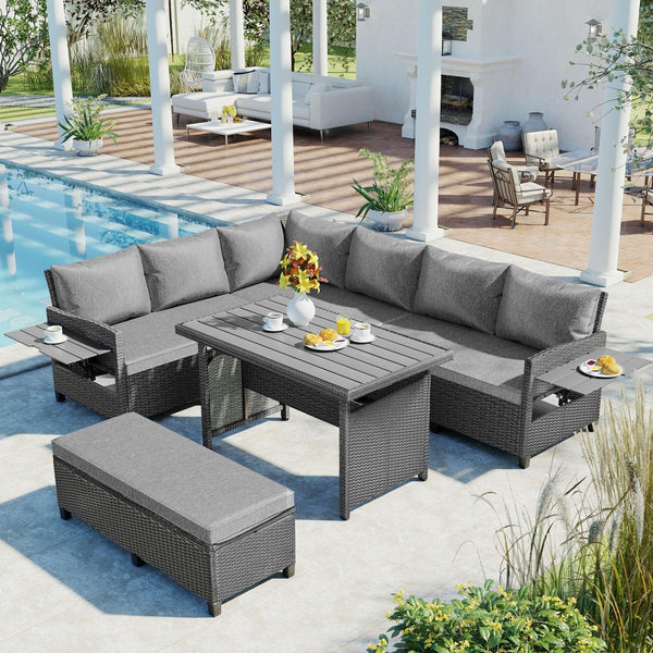 5 PCS Outdoor Patio PE Wicker Gray Rattan L-Shaped Sectional Sofa Set with 2 Extendable Side Tables, Dining Table and Washable Covers - Gray image