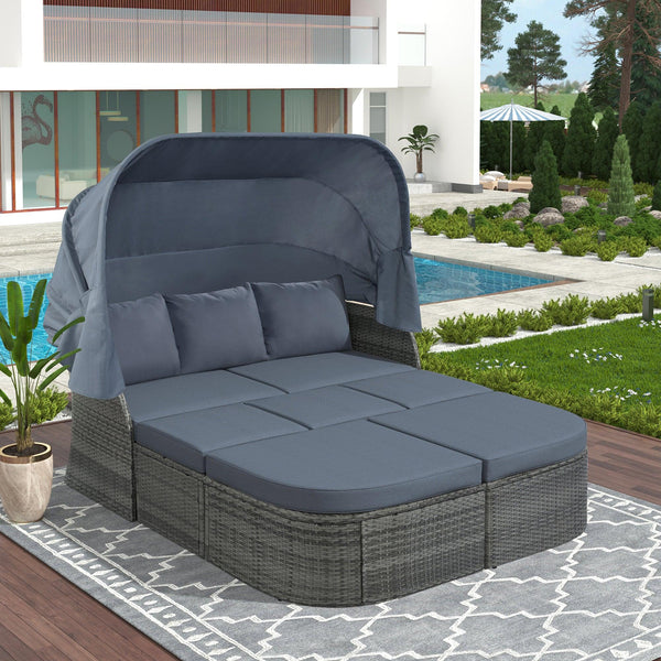 Outdoor Patio Furniture Set Daybed Sunbed with Retractable Canopy and Gray Cushions image