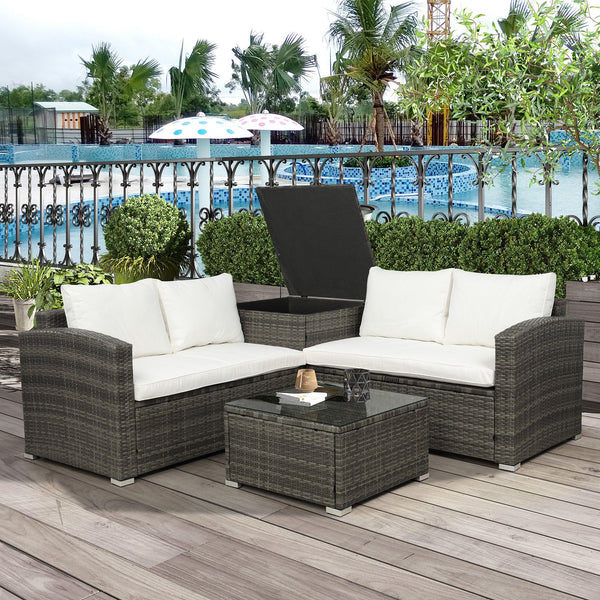 4 PCS Outdoor PE Rattan Wicker Sectional Sofa Set with Beige Cushion andStorage Box image