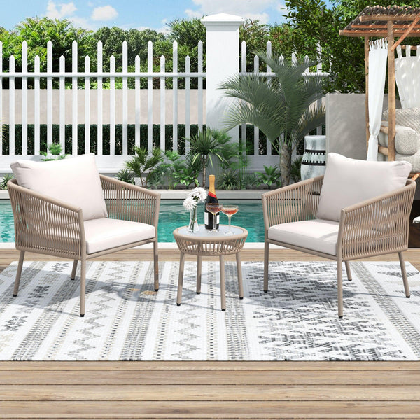 2PCS Luxury Rattan Outdoor Seating Set Including 2 Armchairs and Coffee Table with Beige Cushions and Brown Rattan image