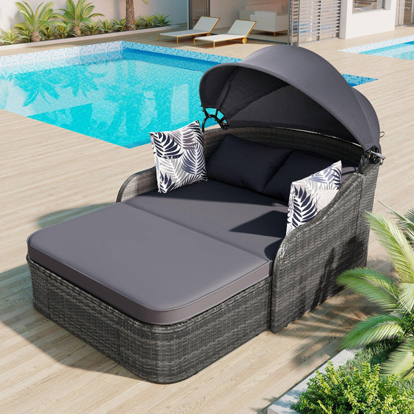 79.9" Outdoor Double Lounge Sunbed with Adjustable Canopy, Gray Wicker And Gray Cushion image