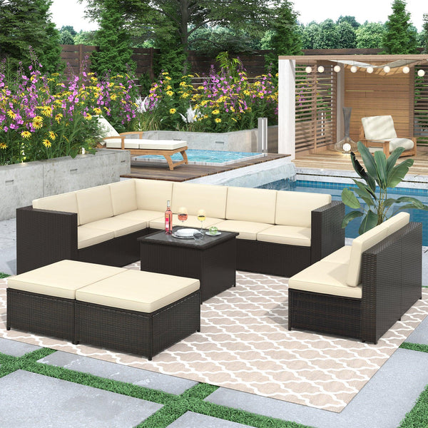 9 PCS Outdoor Gray Rattan Sectional Seating Group with Beige Cushions and Ottoman image